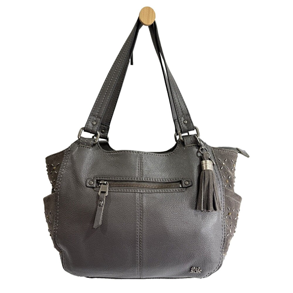 The Sak Grey Leather Suede Studded Shoulder Bag Handbag Tassel Side Pockets